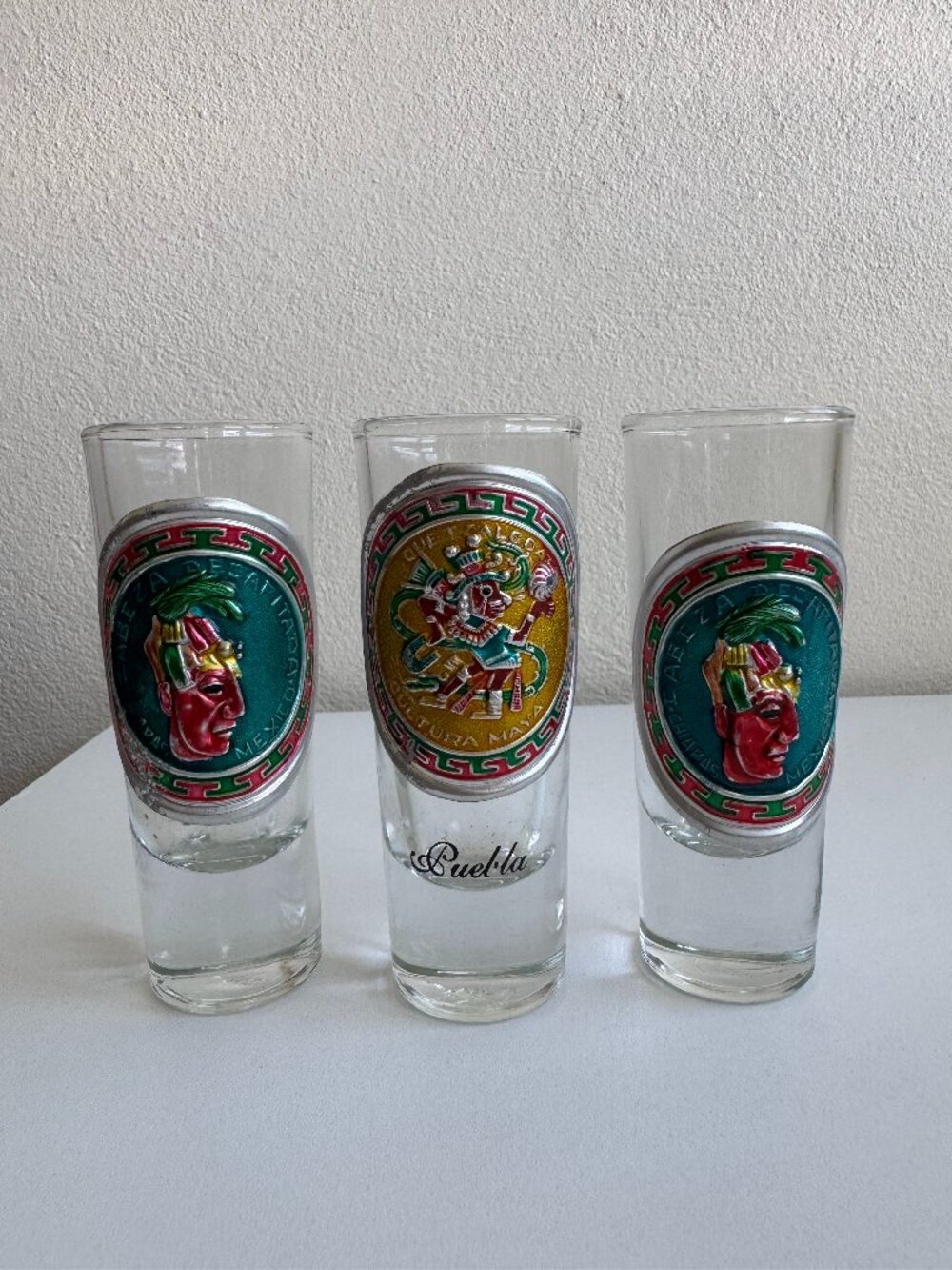Vintage Mexico Aztec Mayan Shot Glasses Set of 3 Pewter Style Medallions